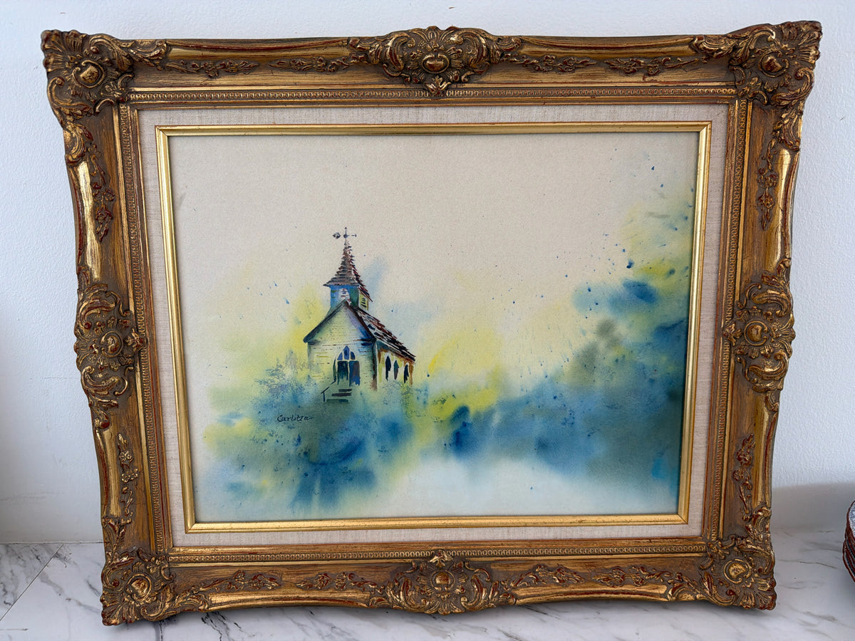 Orig. Watercolor of Church Gold Frame 23 x 19