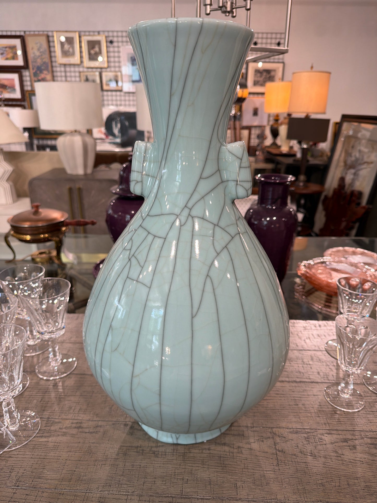 Robin Egg Blue Crackle Vase-H.D. Buttercup