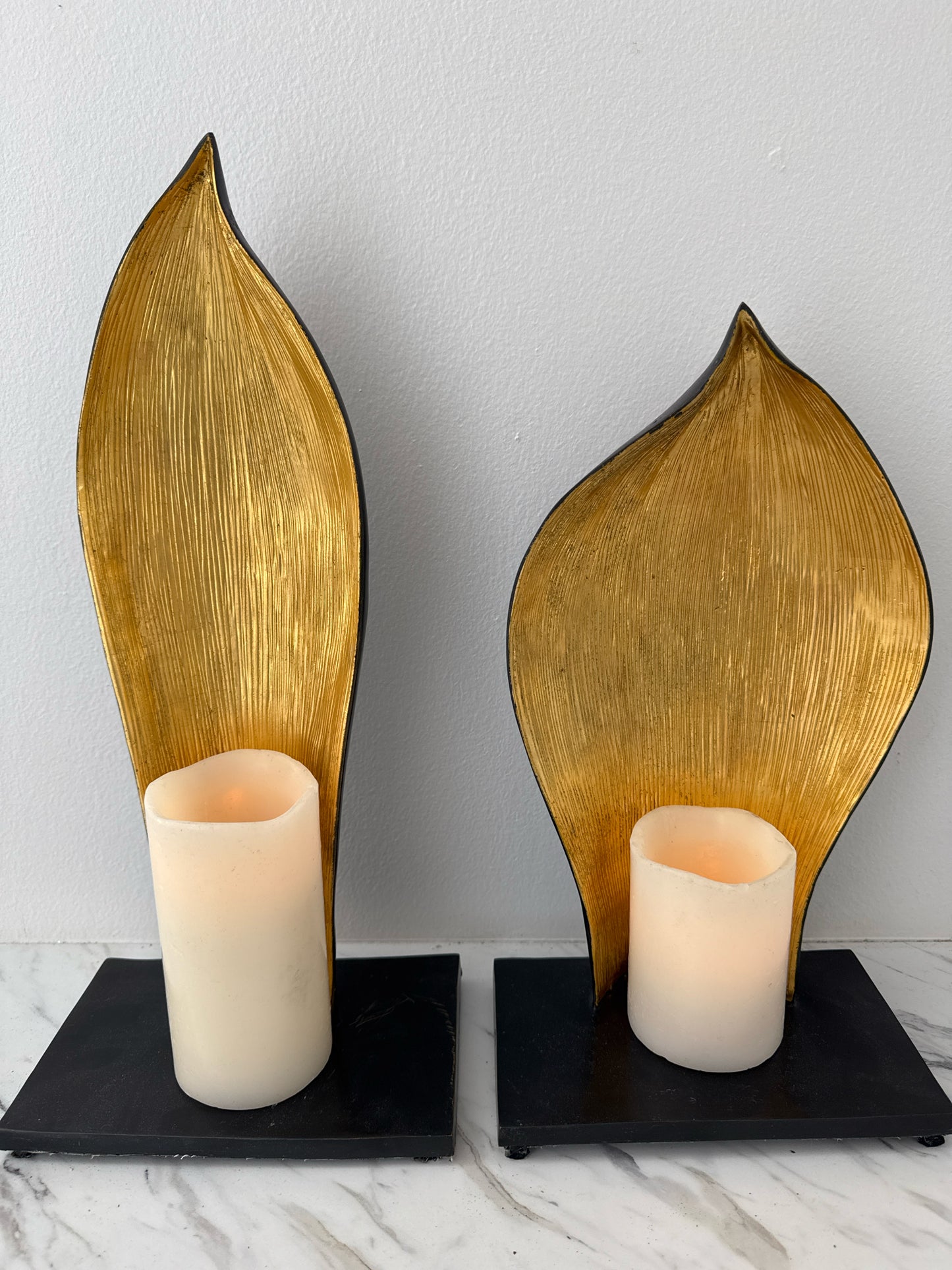 PAIR of Alexander Lamont Gold & Black Pod Candleholders with Faux Candles