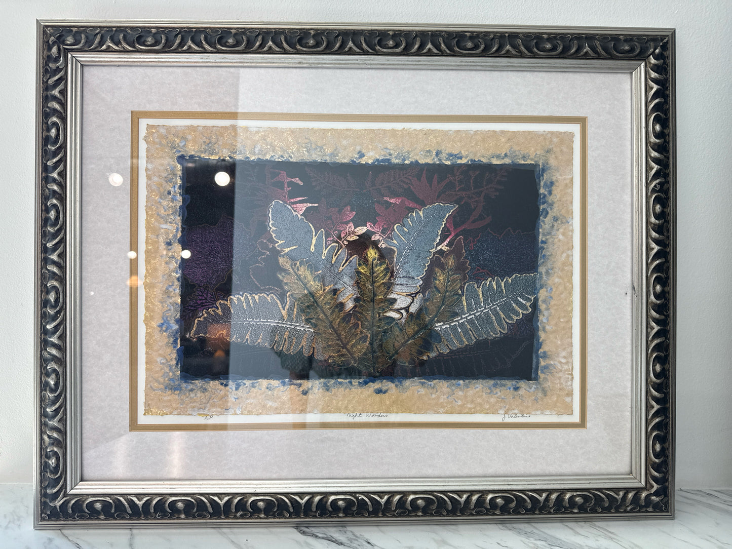 Signed Leaf Motif "Night Wonders" Painting in Ornate Frame (28x21)