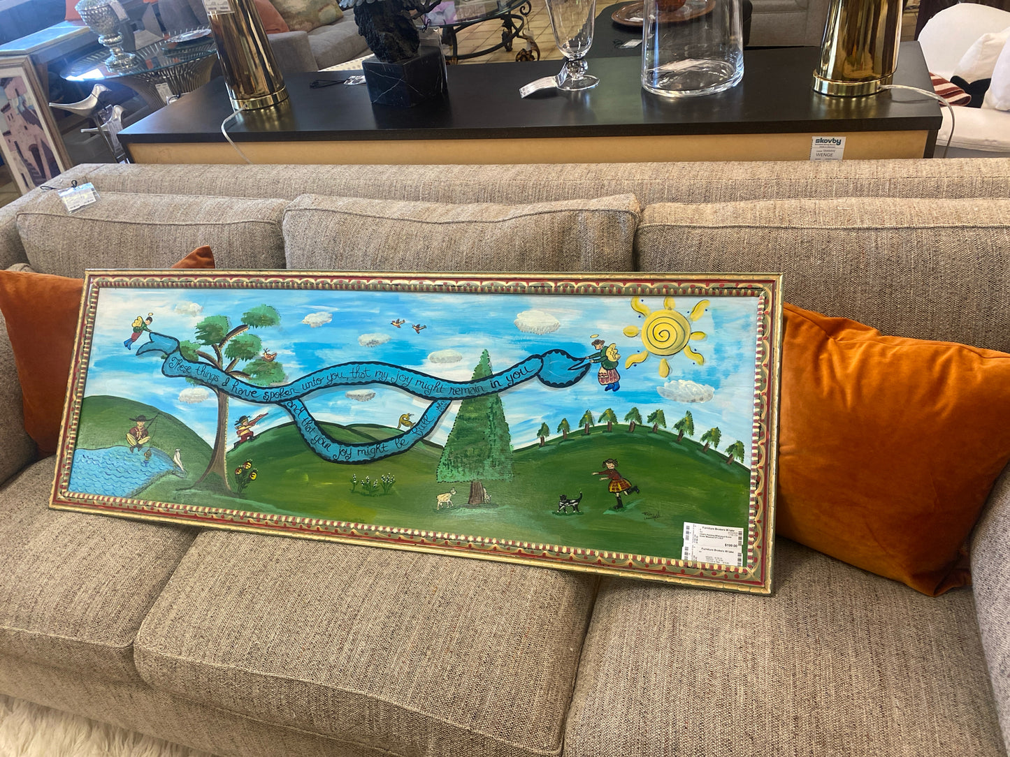 Child's Painting Whimsical Scene Green Meadow 52"x18.5"