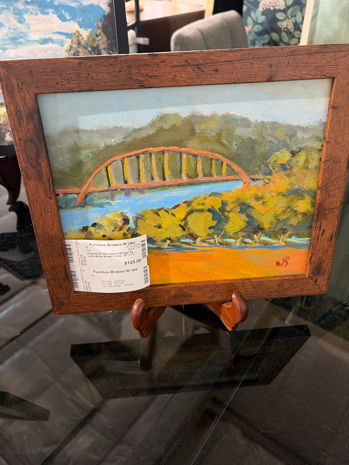 Original Oil 'Pennyback Bridge' by Local Artist Brown Frame 10" x 11"