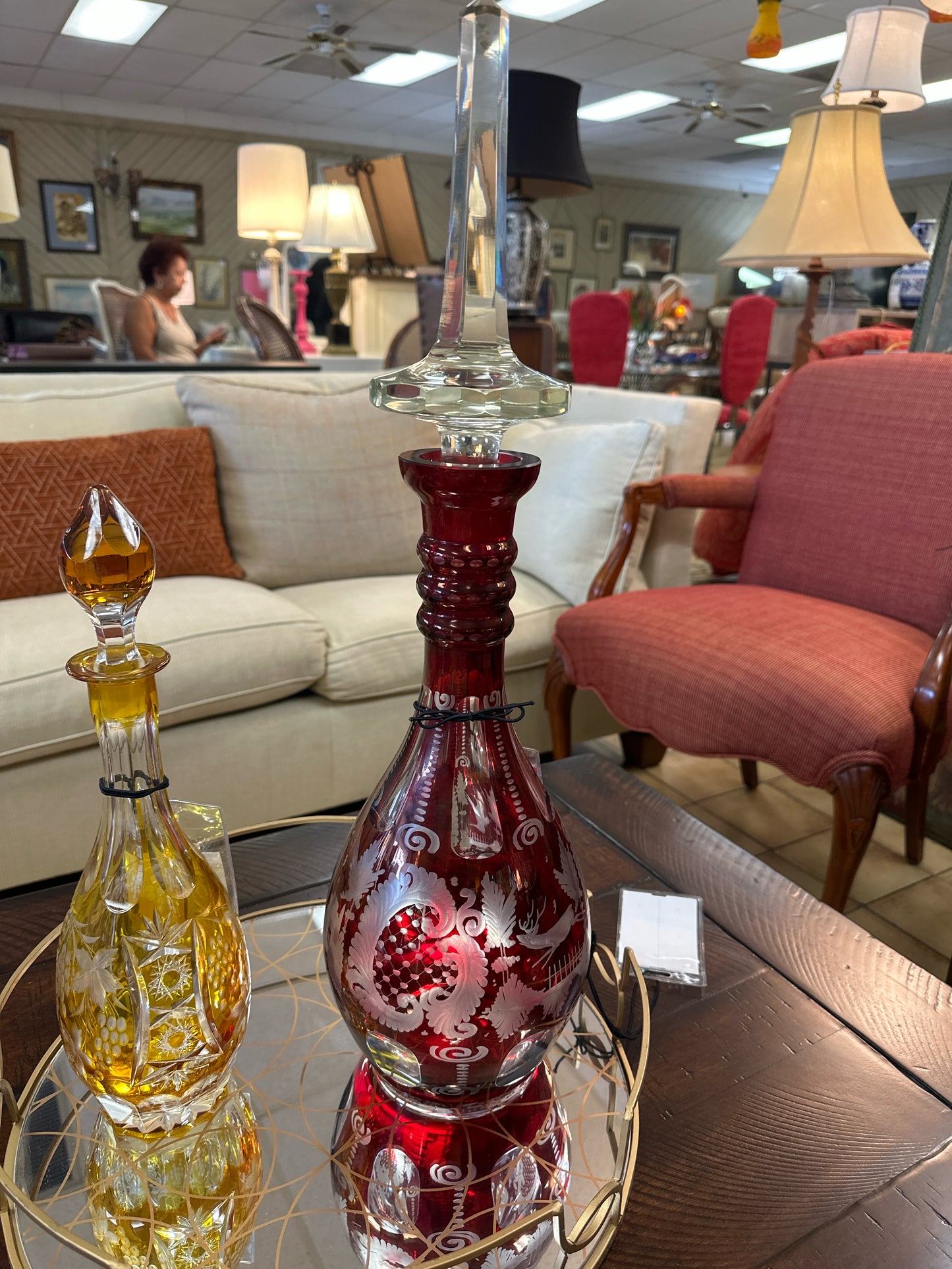 Antique Bohemian Ruby Red Glass Decanter w/ Tall Stopper