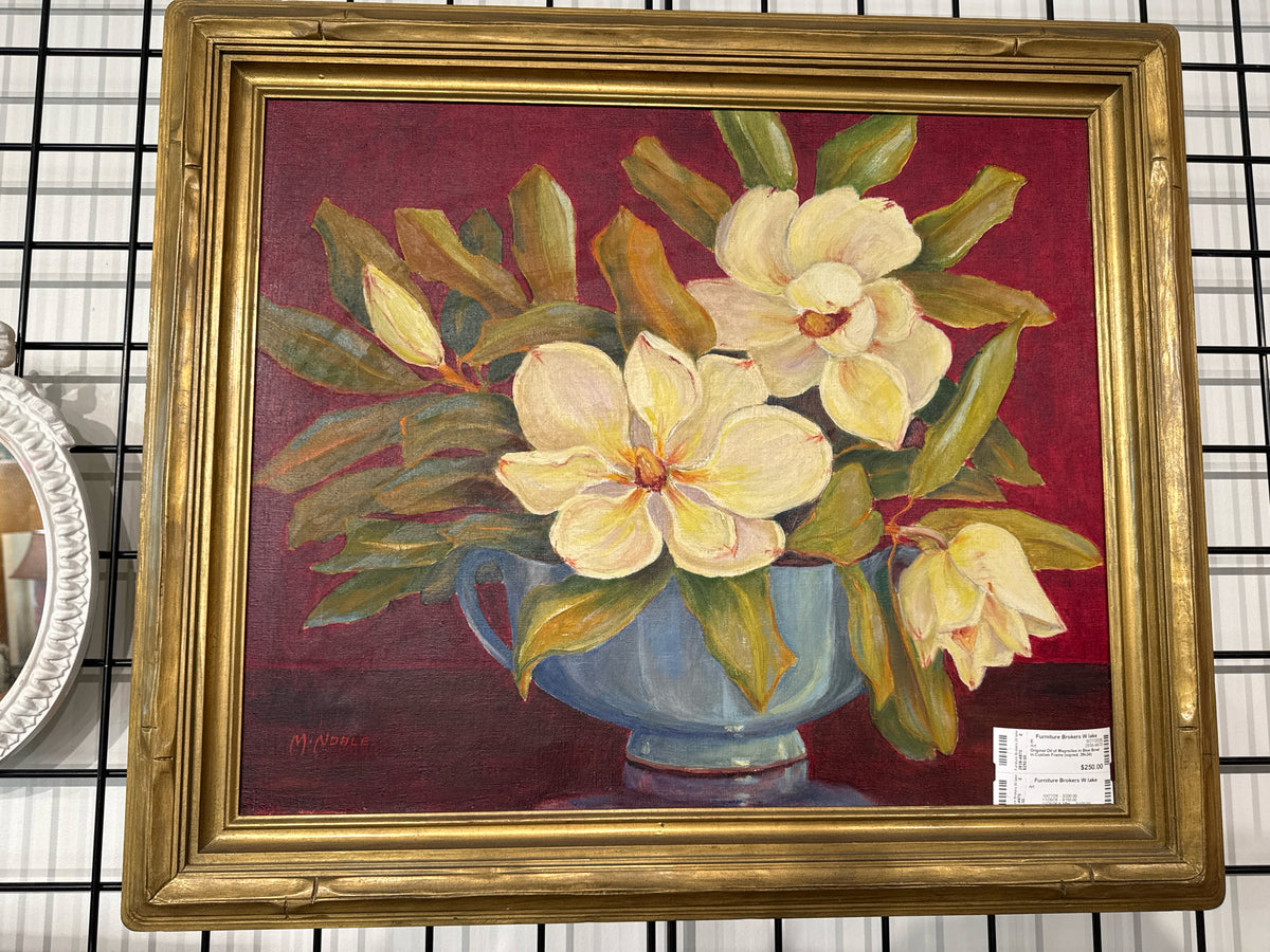 Original Oil of Magnolias in Blue Bowl in Custom Frame (signed, 29x24)