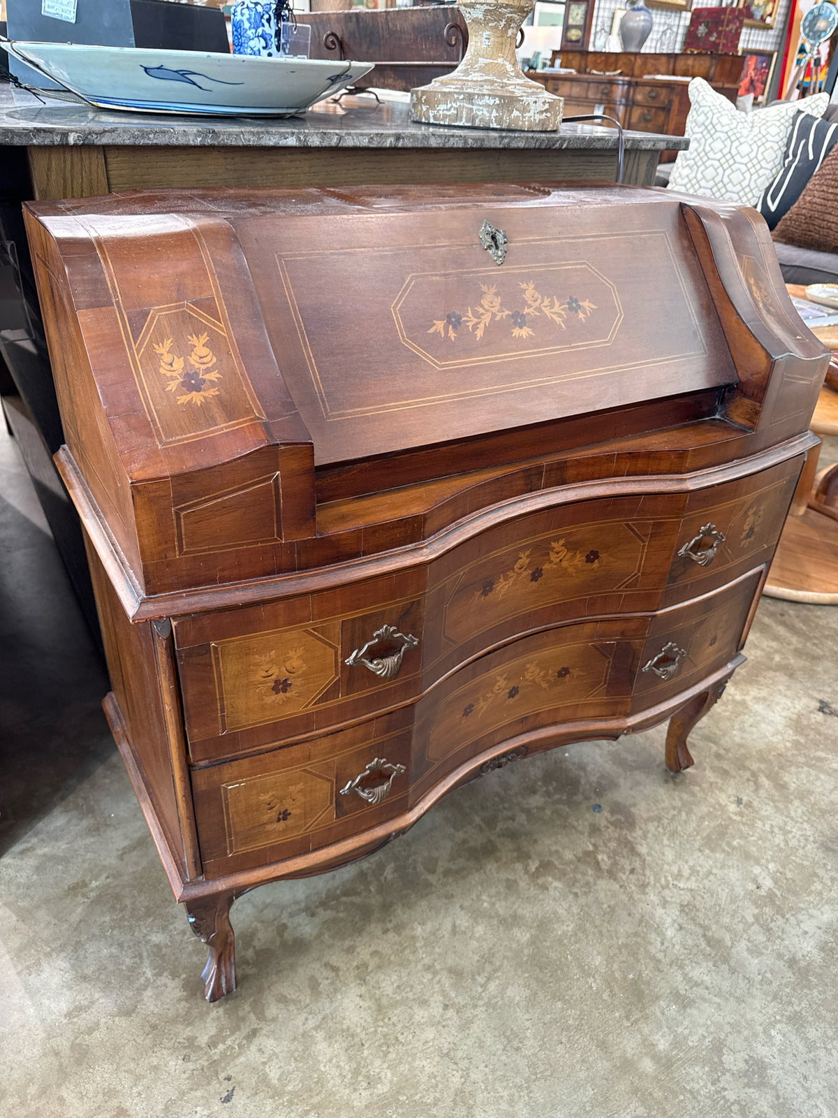 Vintage Italian Petite Secretary Desk with Dropfront and Inlay Design