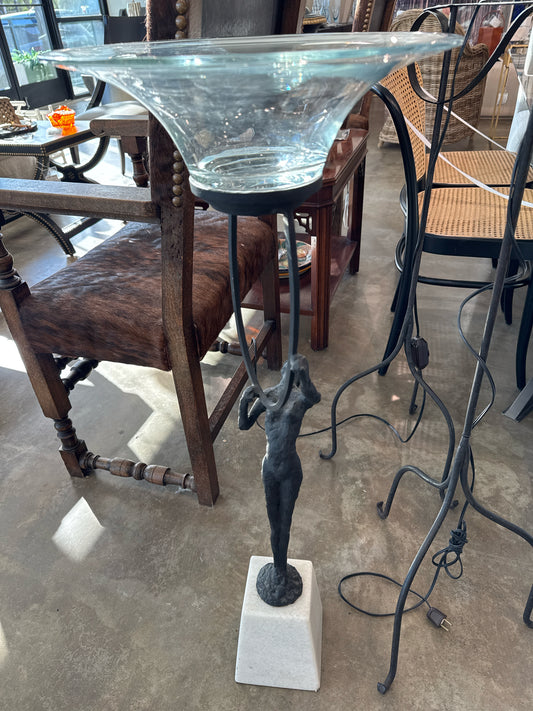 Vintage Bronze Standing Woman on Marble Base, Crystal Bowl (Alberto Giacometti?)