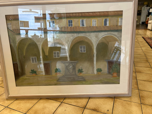 Large Pastel Italian Courtyard 44"x 32" In Light Wood Frame Local Artist Debbie