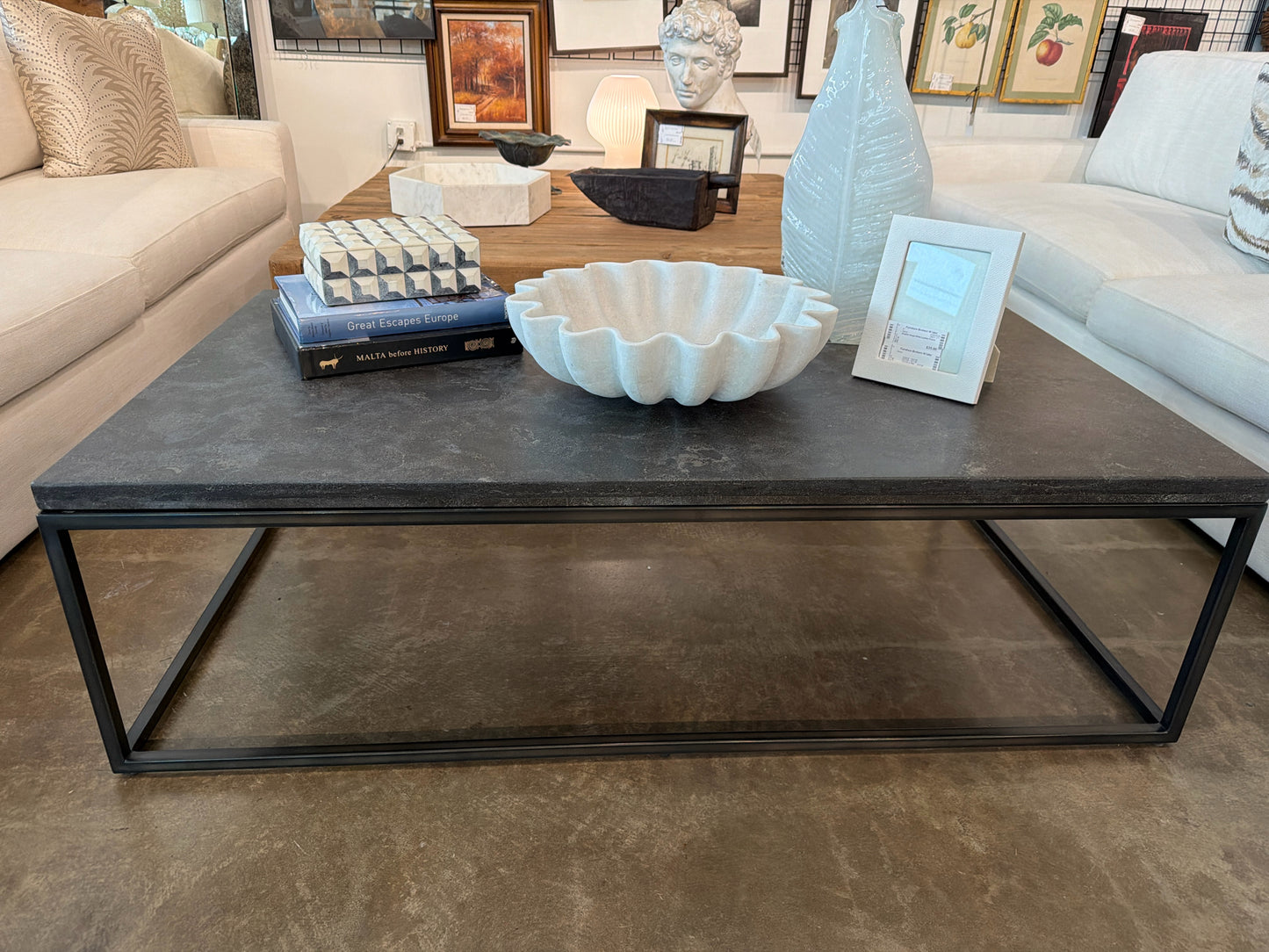RH Stone Top Metal Base Coffee Table 30 x 48