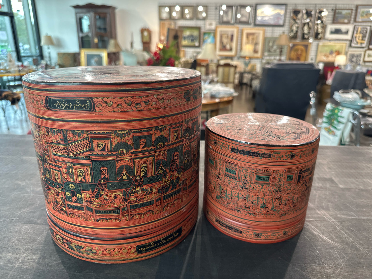 PAIR Burmese Stacking Betel Lacquer Boxes
