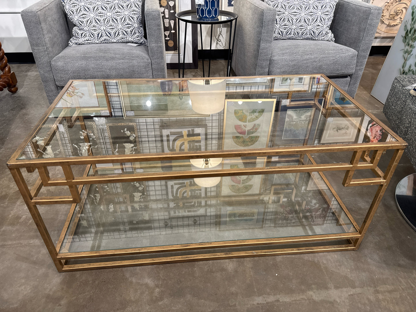 Greek Key Gold Coffee Table with Glass Top and Shelf