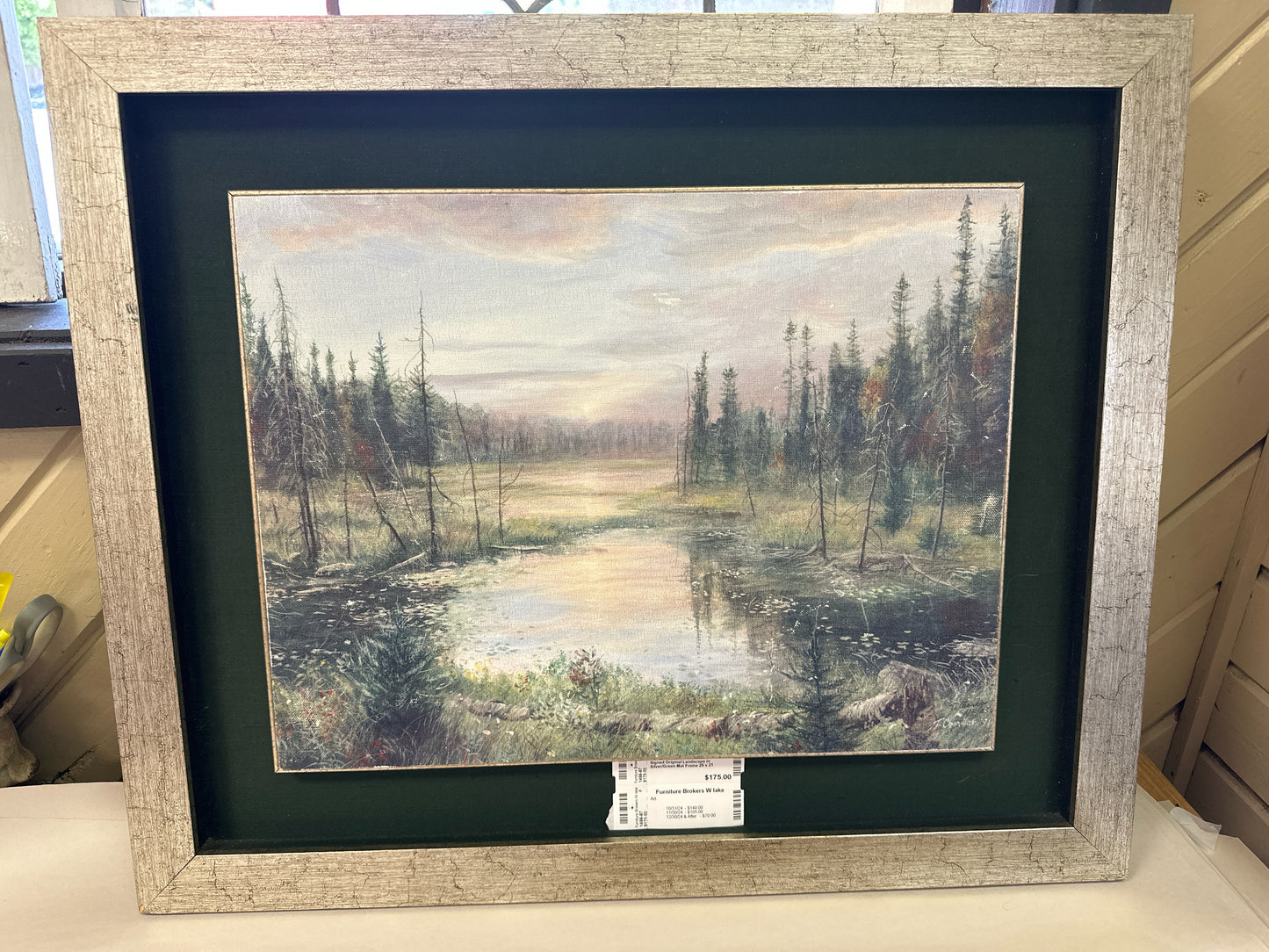 Signed Original Landscape in Silver/Green Mat Frame 25 x 21