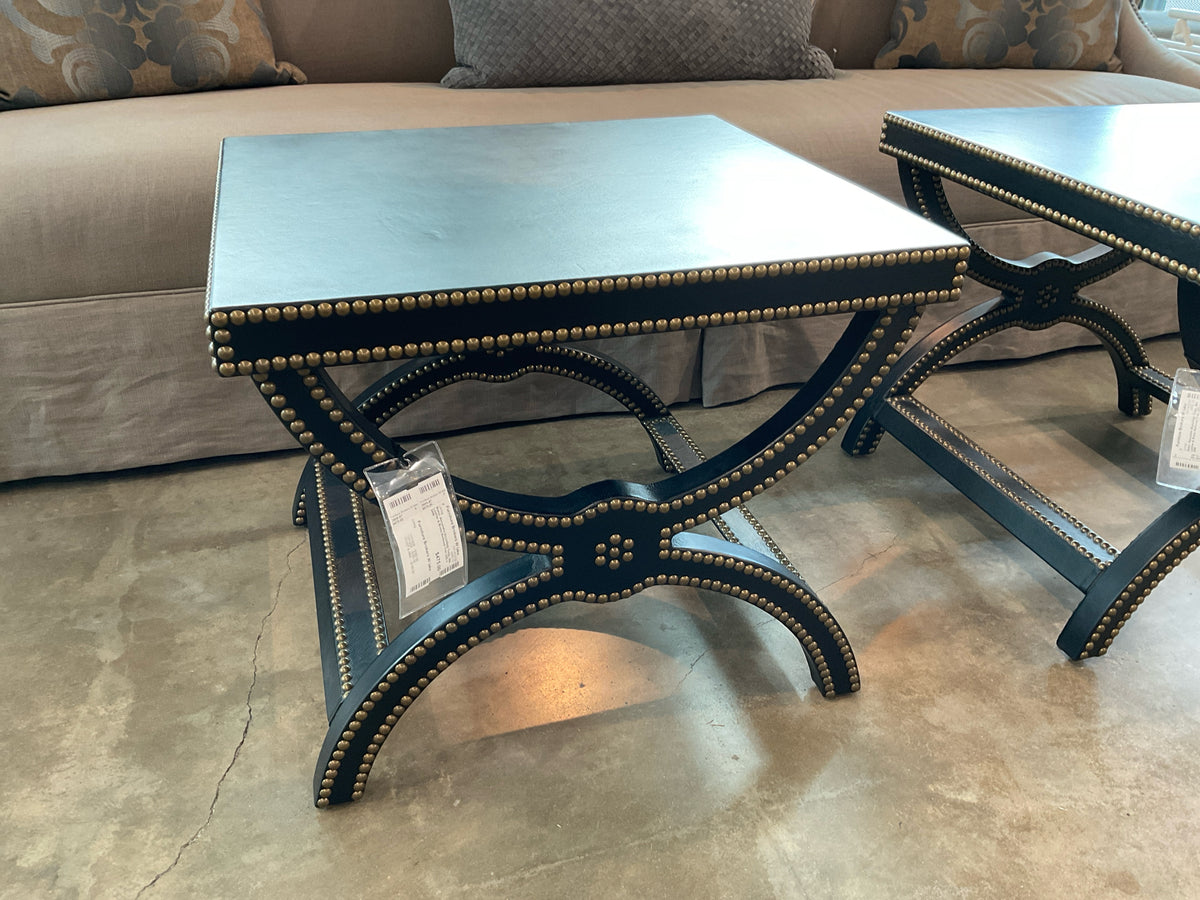 Baker, Alexandre Stool/Side Table, Blk Leather & Brass Nailhead Trim 22D x 24W