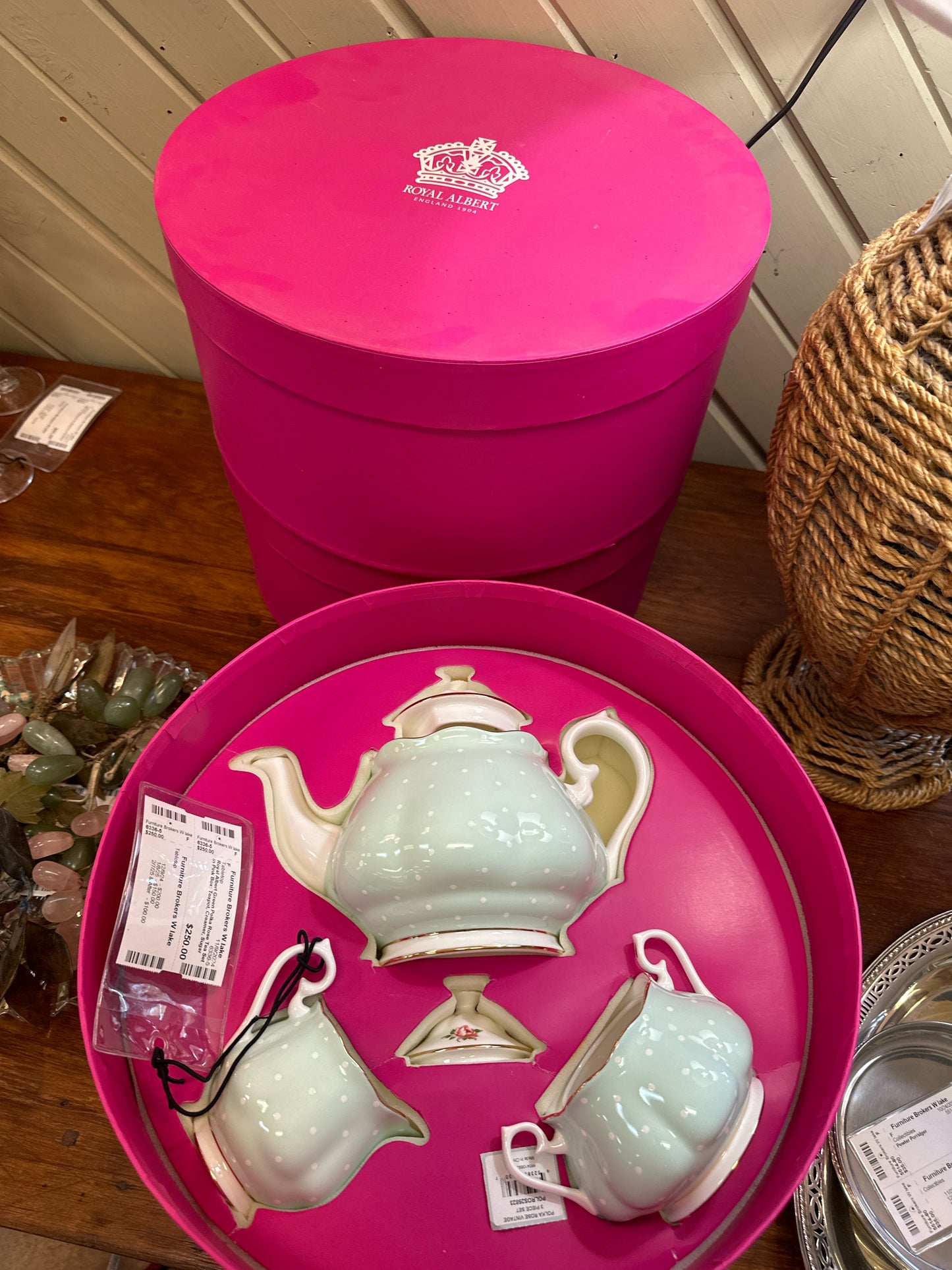 Royal Albert Green Polka Rose Tea Set in Pink Box: Teapot, Creamer, Sugar