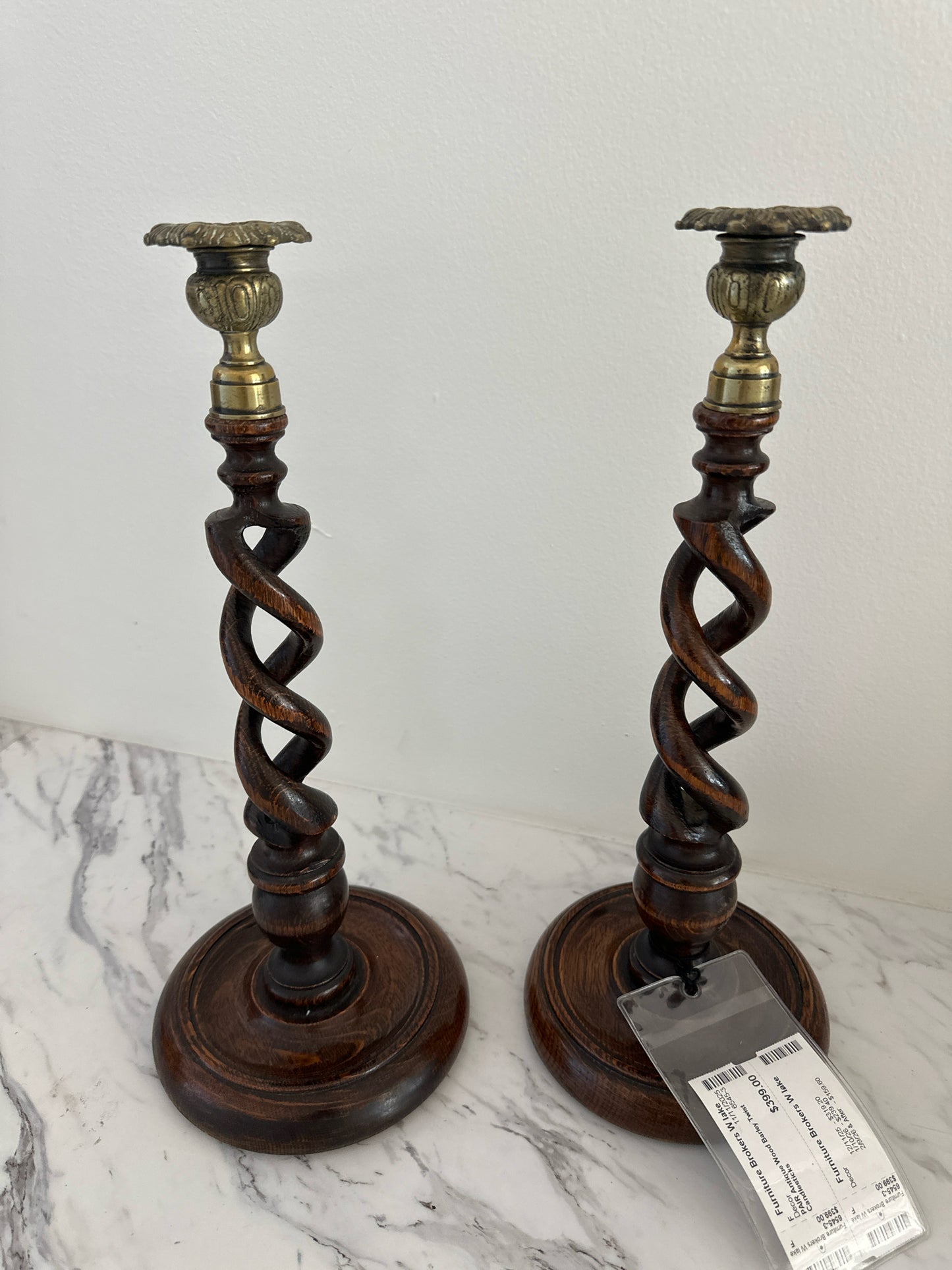 PAIR Antique Wood Barley Twist Candlesticks