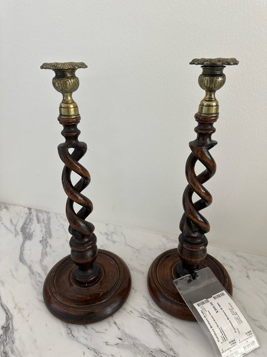 PAIR Antique Wood Barley Twist Candlesticks