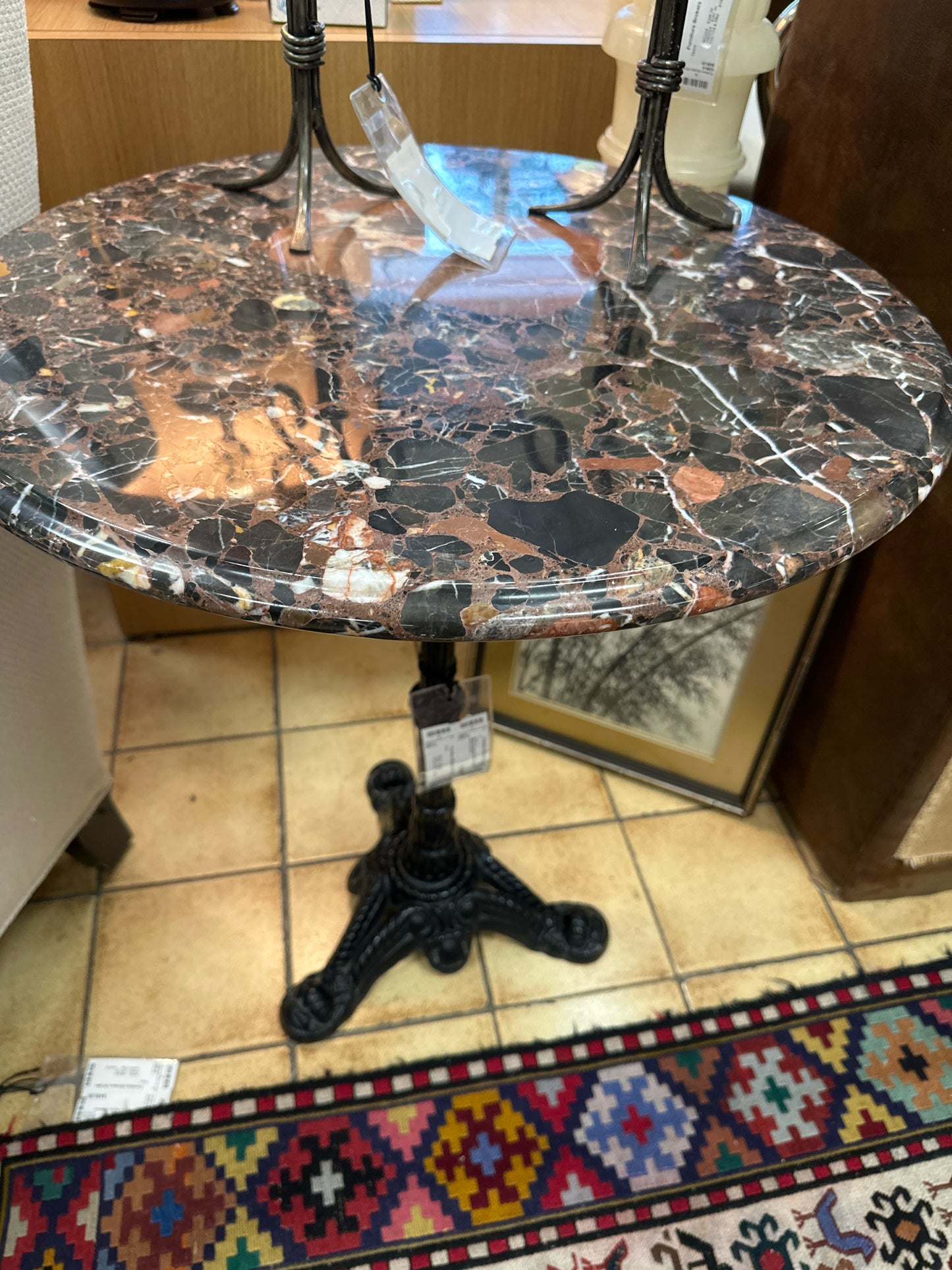 Black/ Rust Marble Side Table 24" w/ Black Iron Base