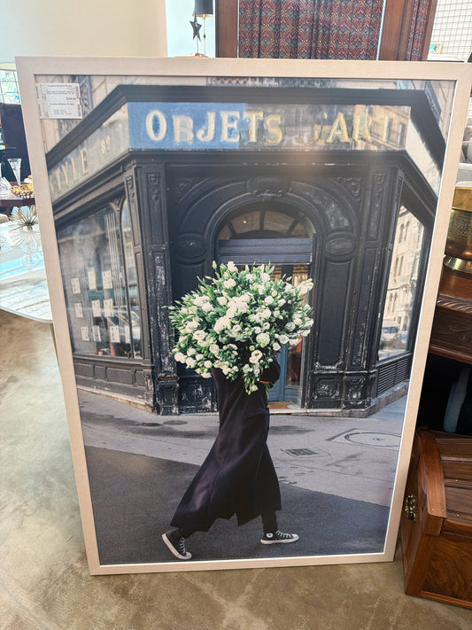 White Framed Photograph of Woman w/ Flowers "Great Future Ahead" 34 x 50