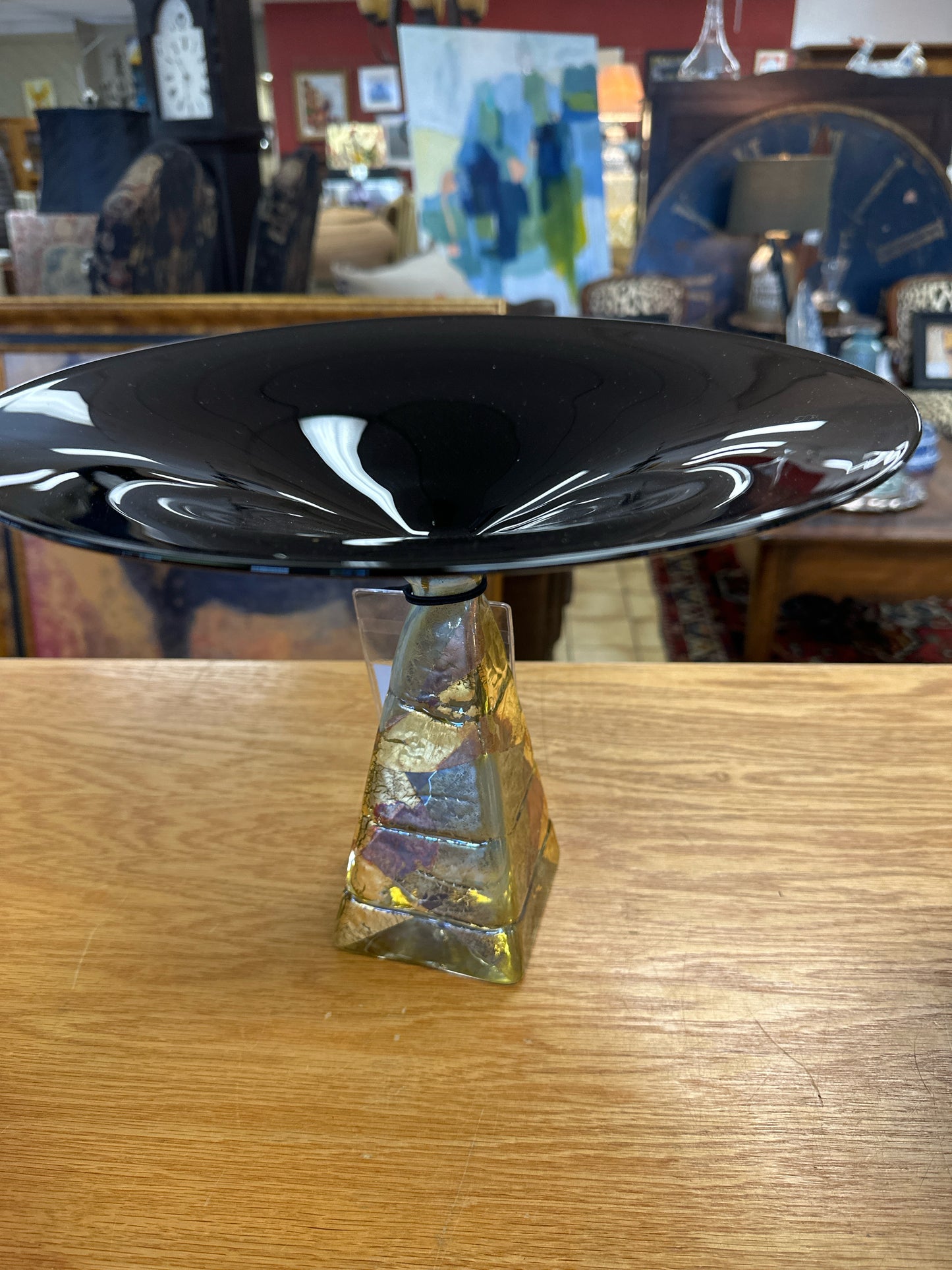 Signed Hand Blown Contemporary Glass Taller Black/ Gold Bowl