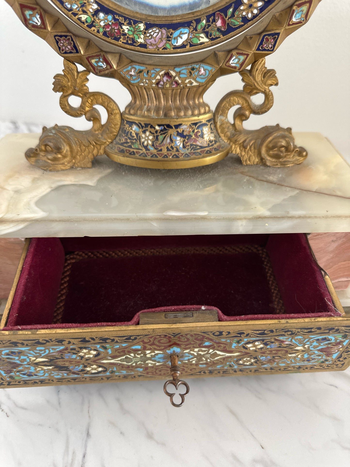 Antique Cloisonne Alabaster Brass Vanity Mirror w/Drawer