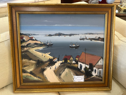 Original Oil by S.Pinto Brazilian Artist of Harbor Scene in Gold Frame 31 x 27