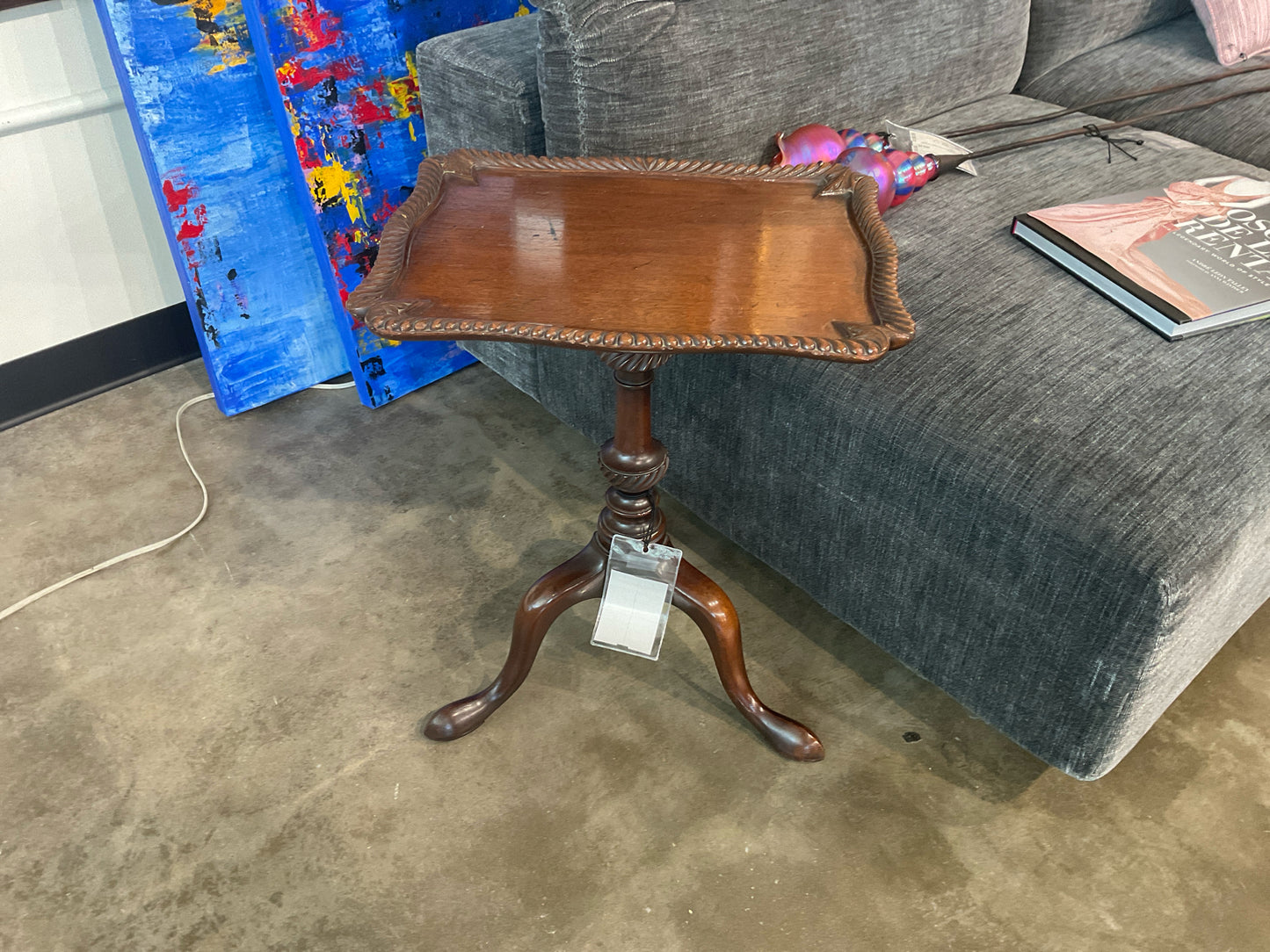 Antique Carved Wood Tripod Tip Table, Mahogany 17W x 13D x 21H