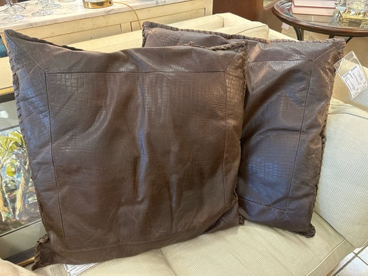 PAIR of 25" Square Leather Pillows with Whipstitch Trim