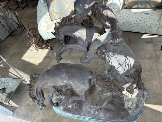 Monumental Frederic Remington Bronze Sculpture of Cowboy 42"w, 41"h (signed)