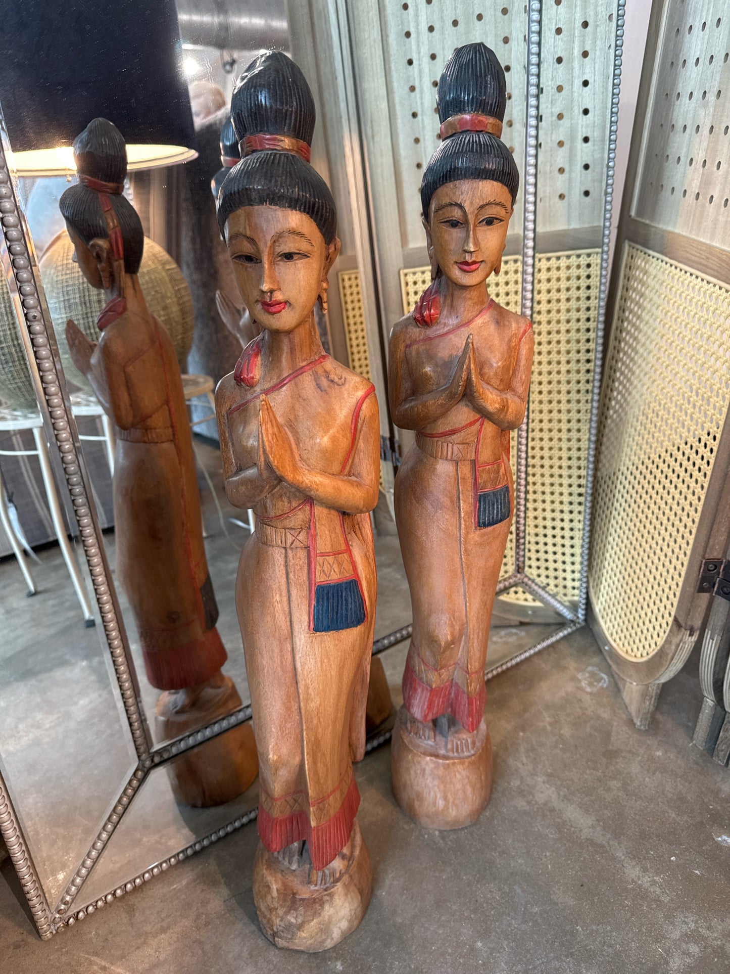 PAIR of Sawasdee Thai Carved Wood Lady Figural Praying Sculptures, 30"