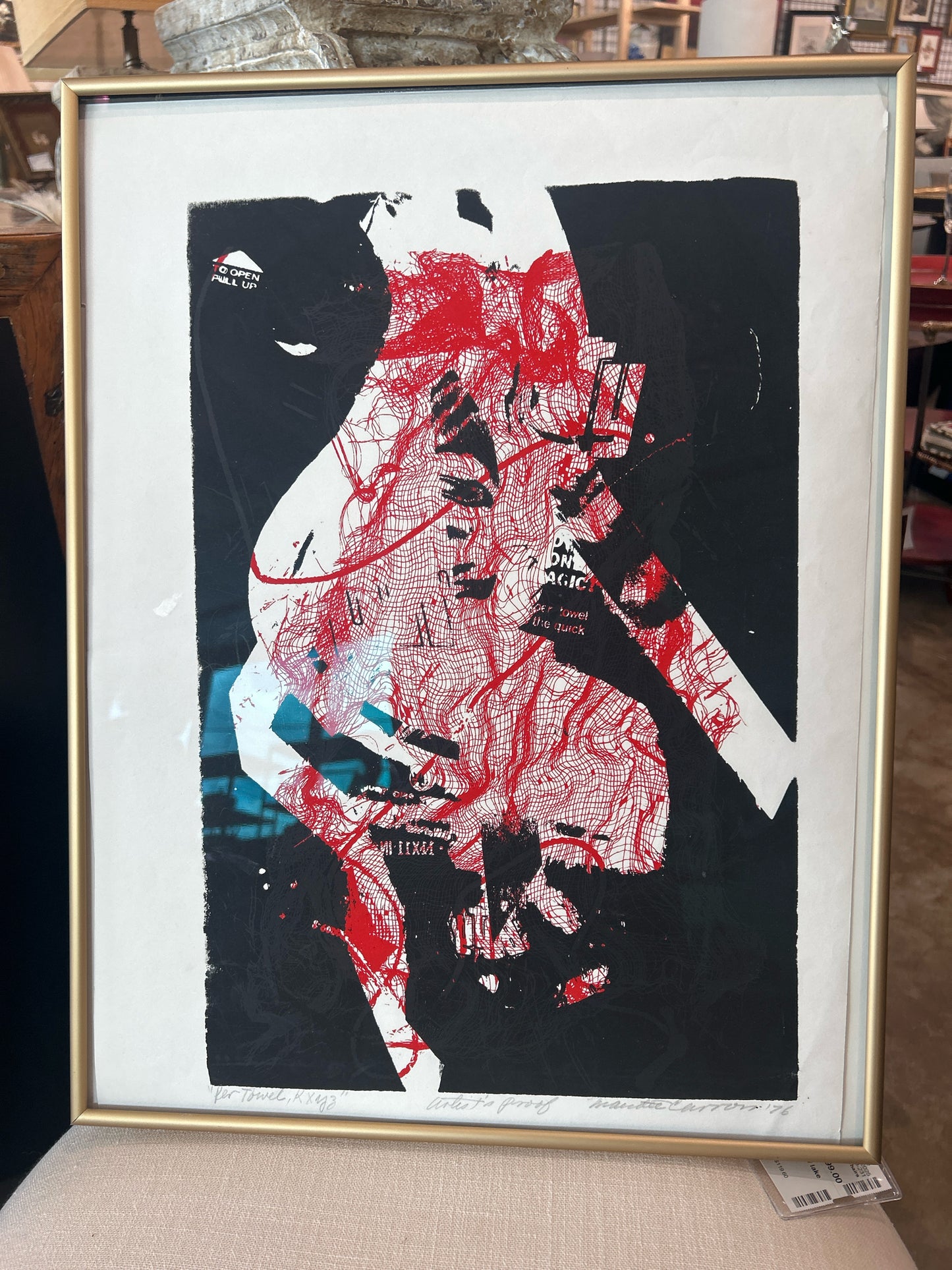 Signed/Notable Artist Black/Red Abstract Art in Gold Frame