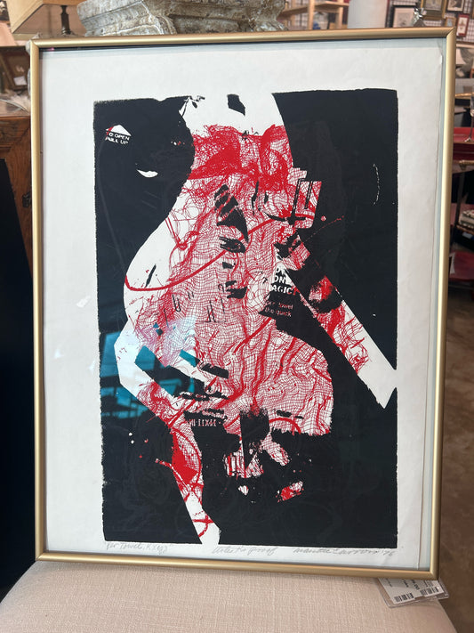 Signed/Notable Artist Black/Red Abstract Art in Gold Frame