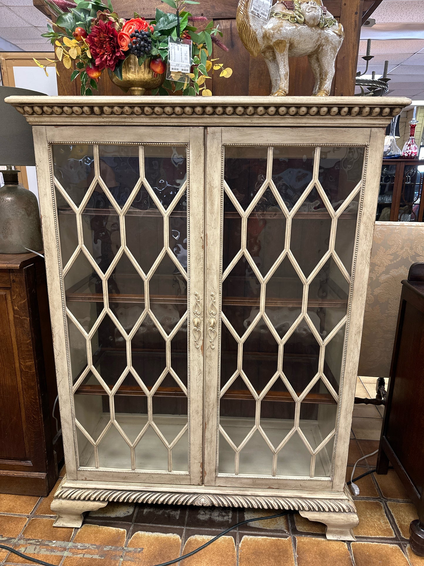 Lighted Cream Distressed China Cabinet w/ 3 Shelves