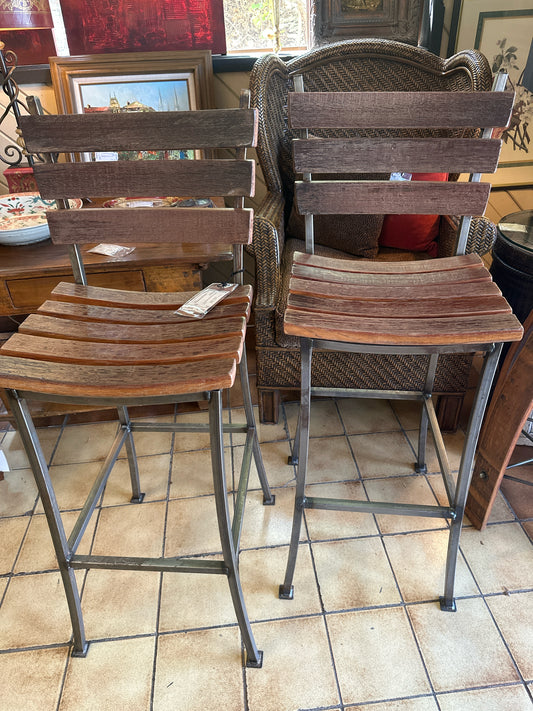 PAIR Handmade Wine Barrell Slats/Metal Base Bar Stools