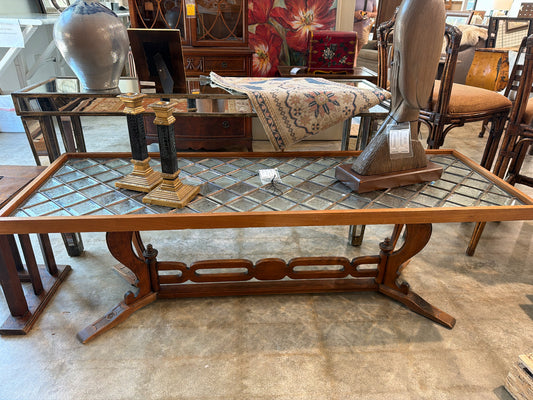 Vintage Wood/ GlassCoffee Table Wroght Iron/ Glass Top (slight warping in glass)