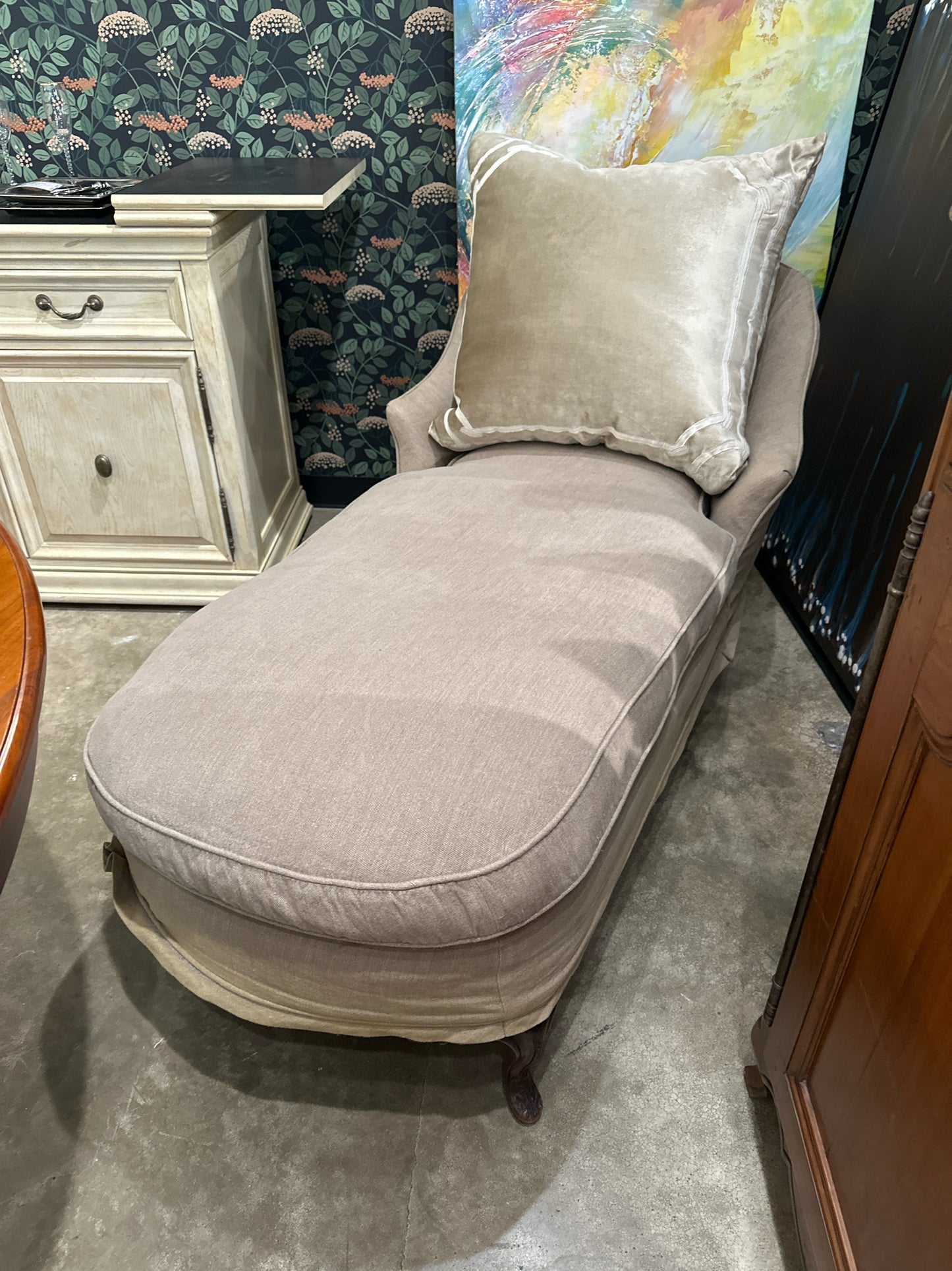 Antique French Wood Chaise w/ New Down Insert/Flax Linen Upholst & Velvet Pillow