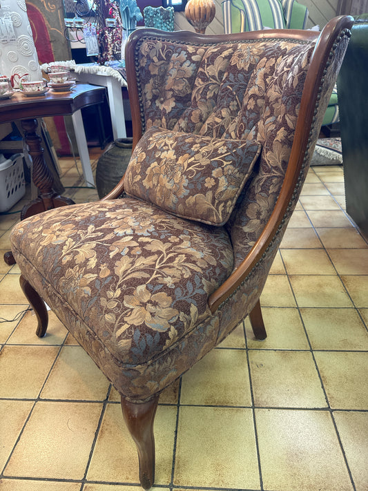 Vintage Wingback Chair in Blues/Browns w/ Matching Lumbar Pillow and Nailheads