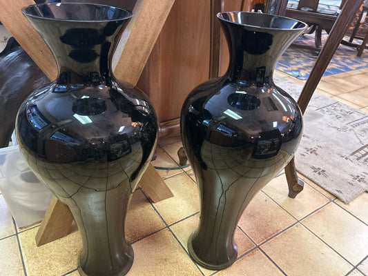 PAIR Black Glass Tall Vases