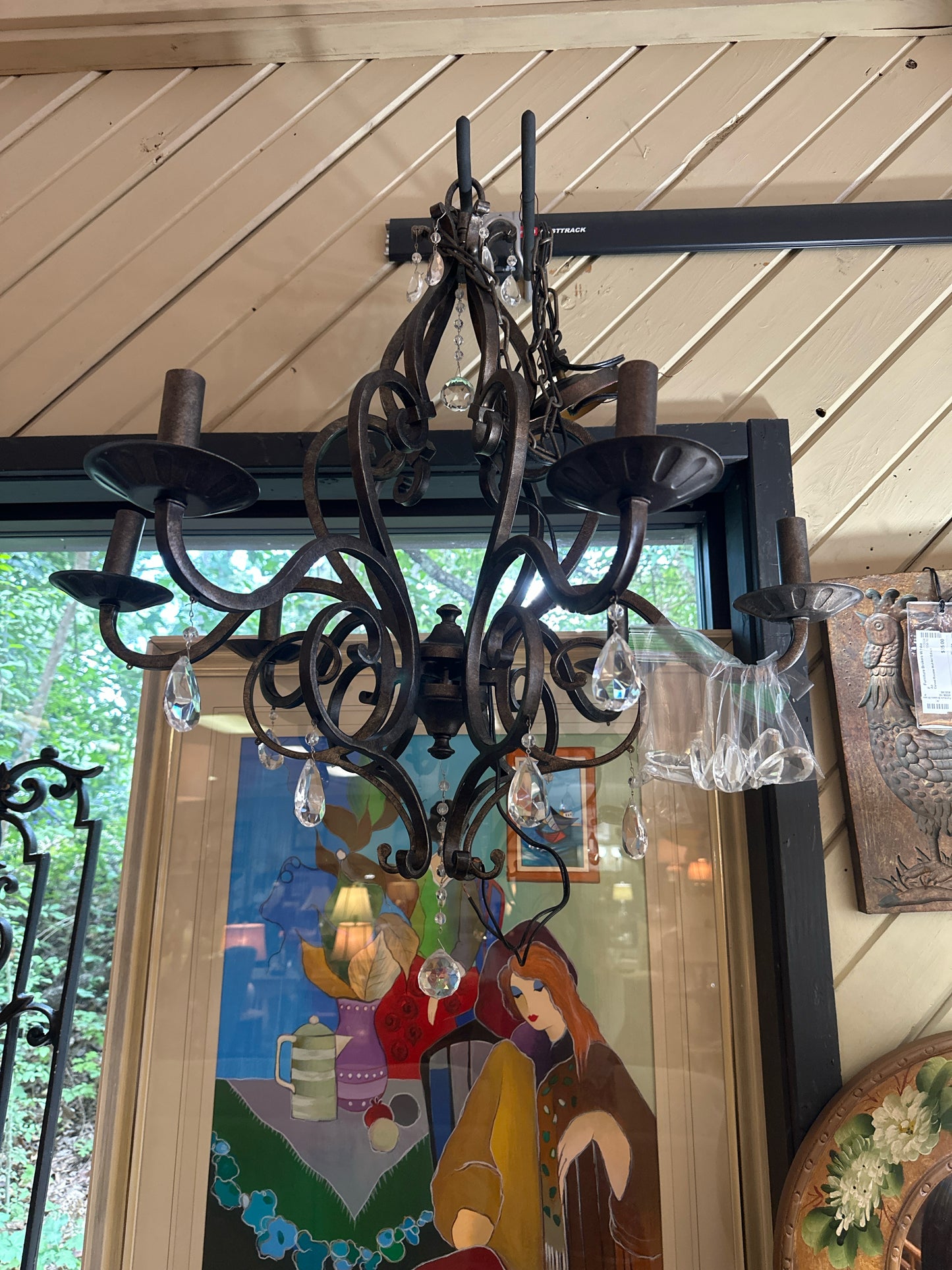 6 Light Iron Chandelier w/ Crystal Drops