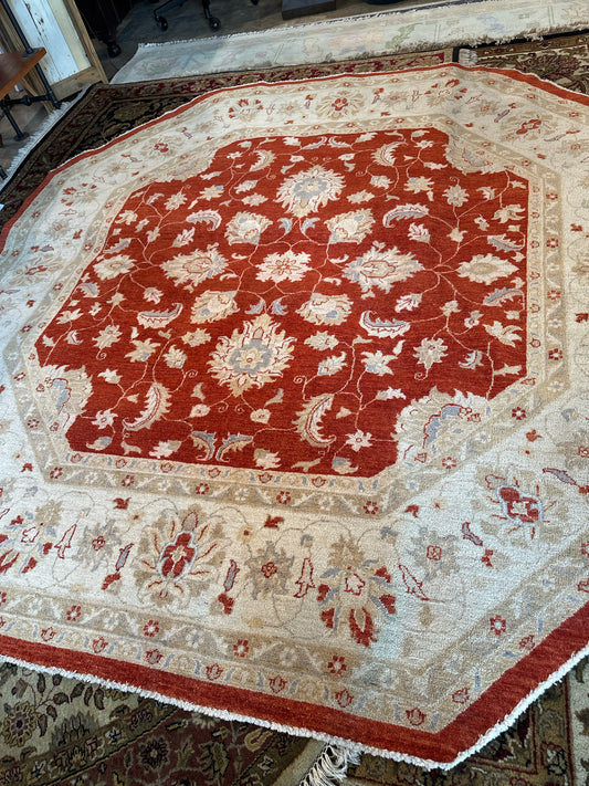 8' Octagon Rust/Tan/Blue Hand Knotted Wool Rug