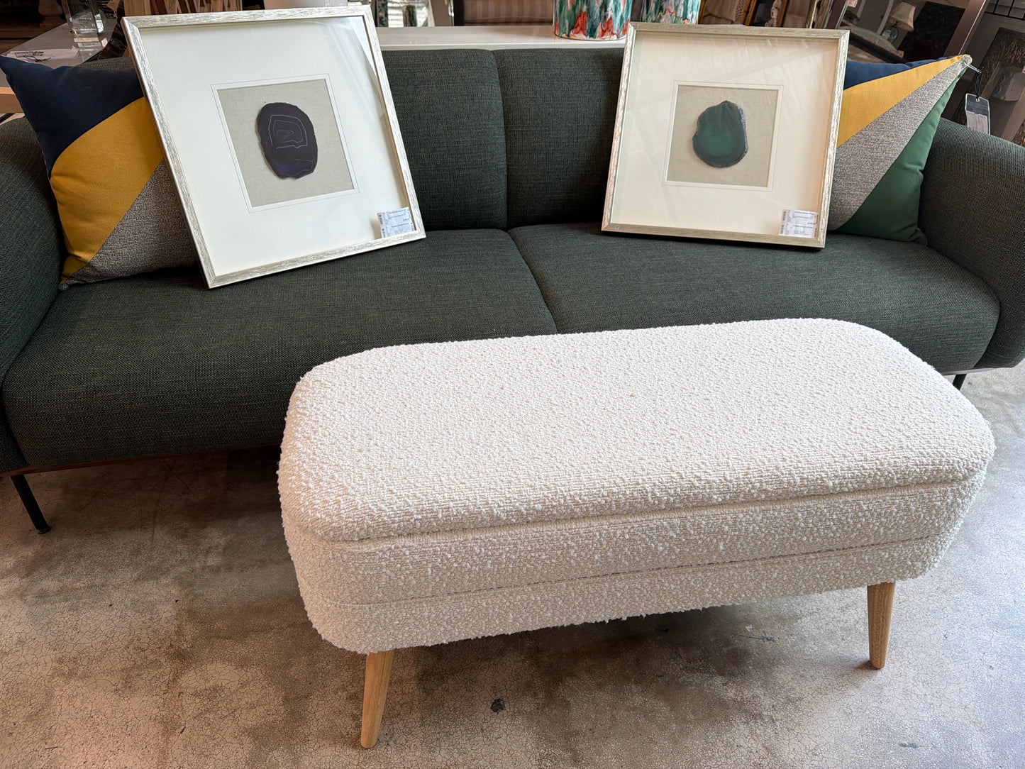 Off White Boucle Storage Bench