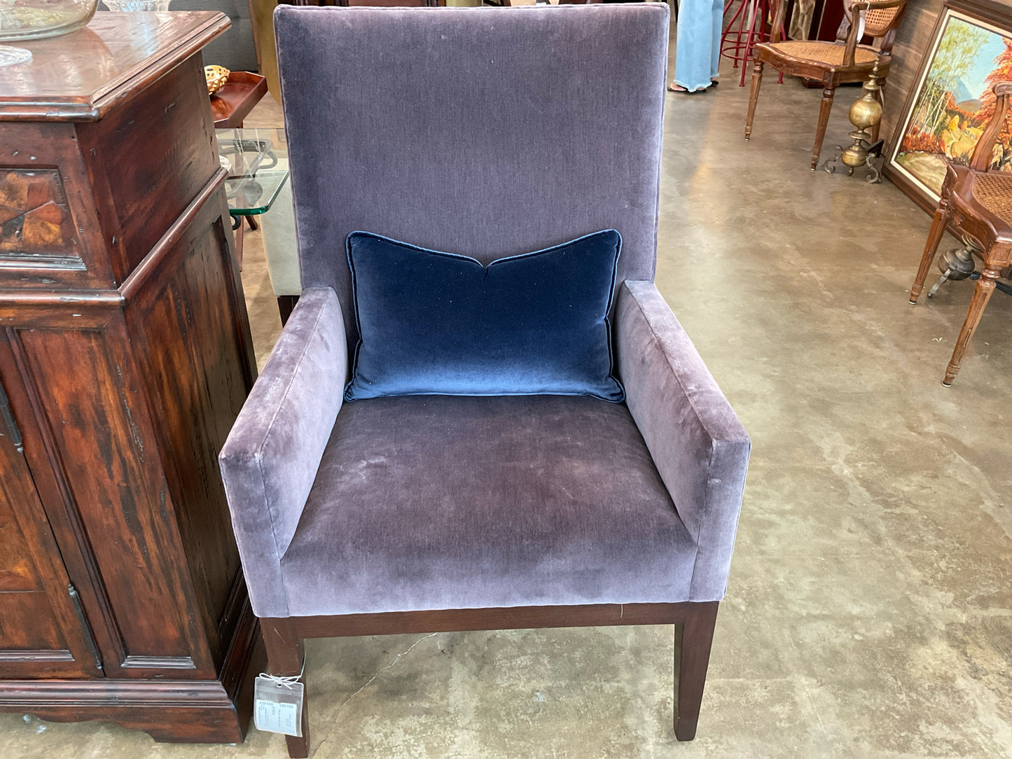 PAIR A. Rudin Arm Chairs Eggplant Upholstery w/ Blue Pillows