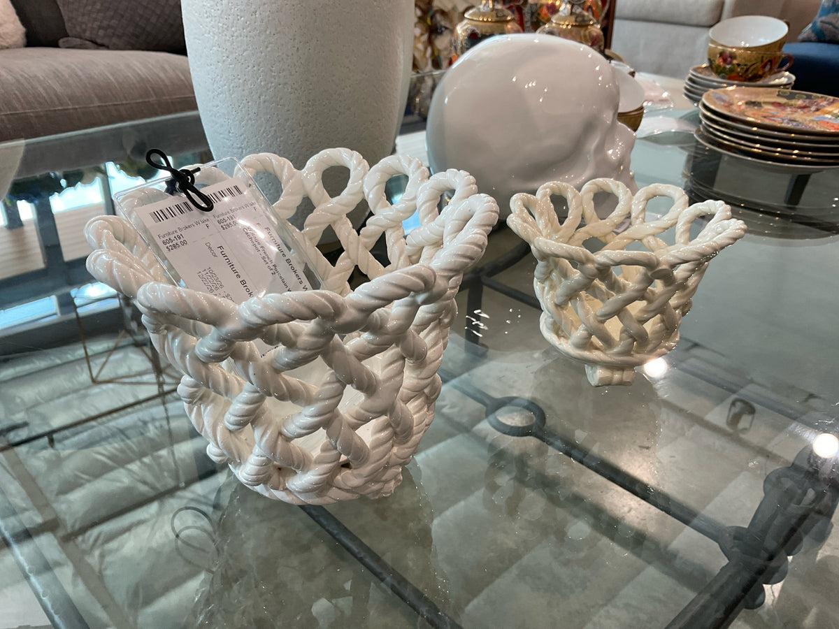 Vintage French Porcelain Woven-rope Cachepot - Set of 2