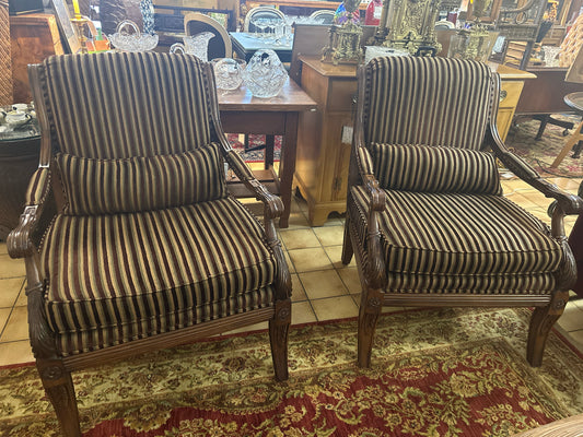 PAIR Henredon Carved Wood Arm Chairs Striped Upholstery