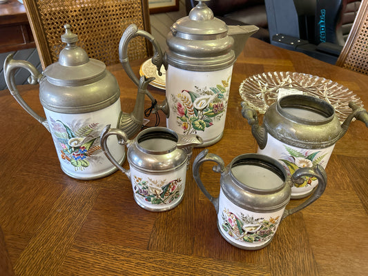 Set of 5 - White Floral Enamel w/ Pewter (Tea, Coffee, Canister, Cream, Sugar)