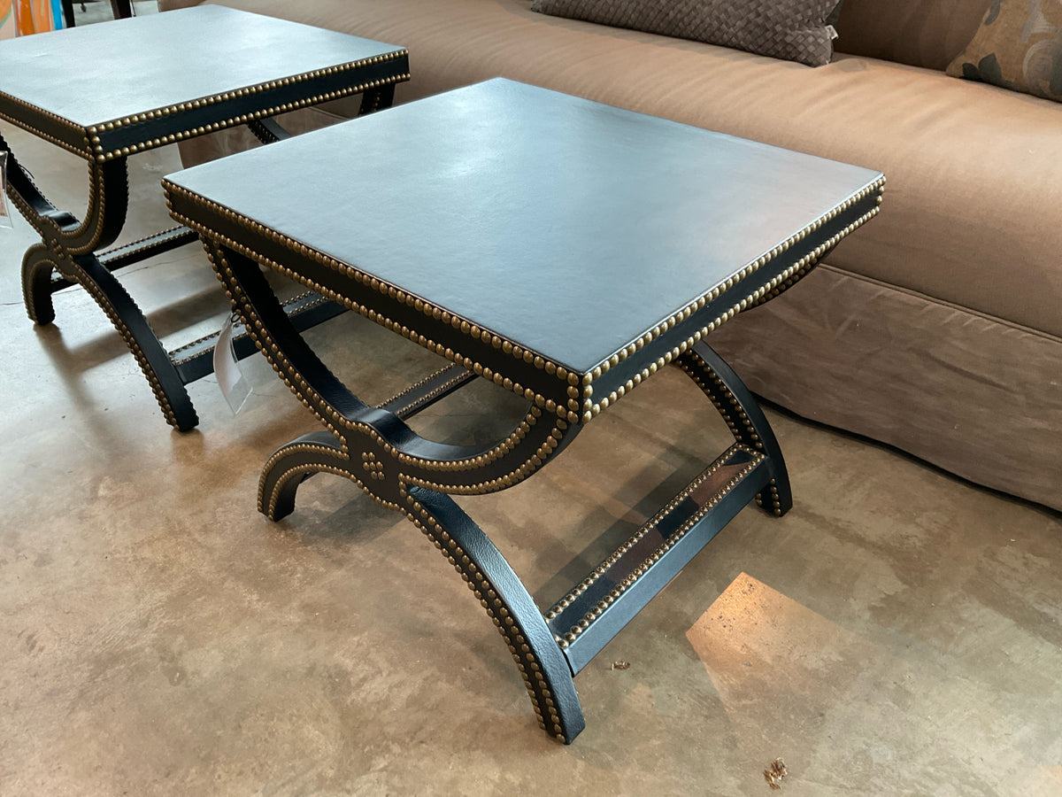 Baker, Alexandre Stool/Side Table, Blk Leather & Brass Nailhead Trim 22D x 24W