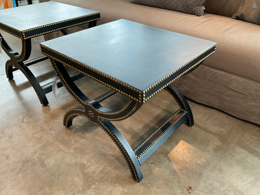 Baker, Alexandre Stool/Side Table, Blk Leather & Brass Nailhead Trim 22D x 24W