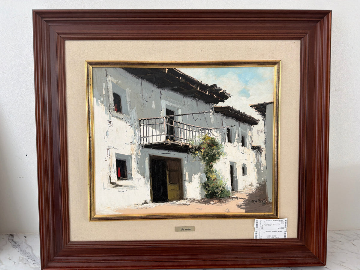 MCM Signed Oil Spanish Village Wood Frame 28"x25"