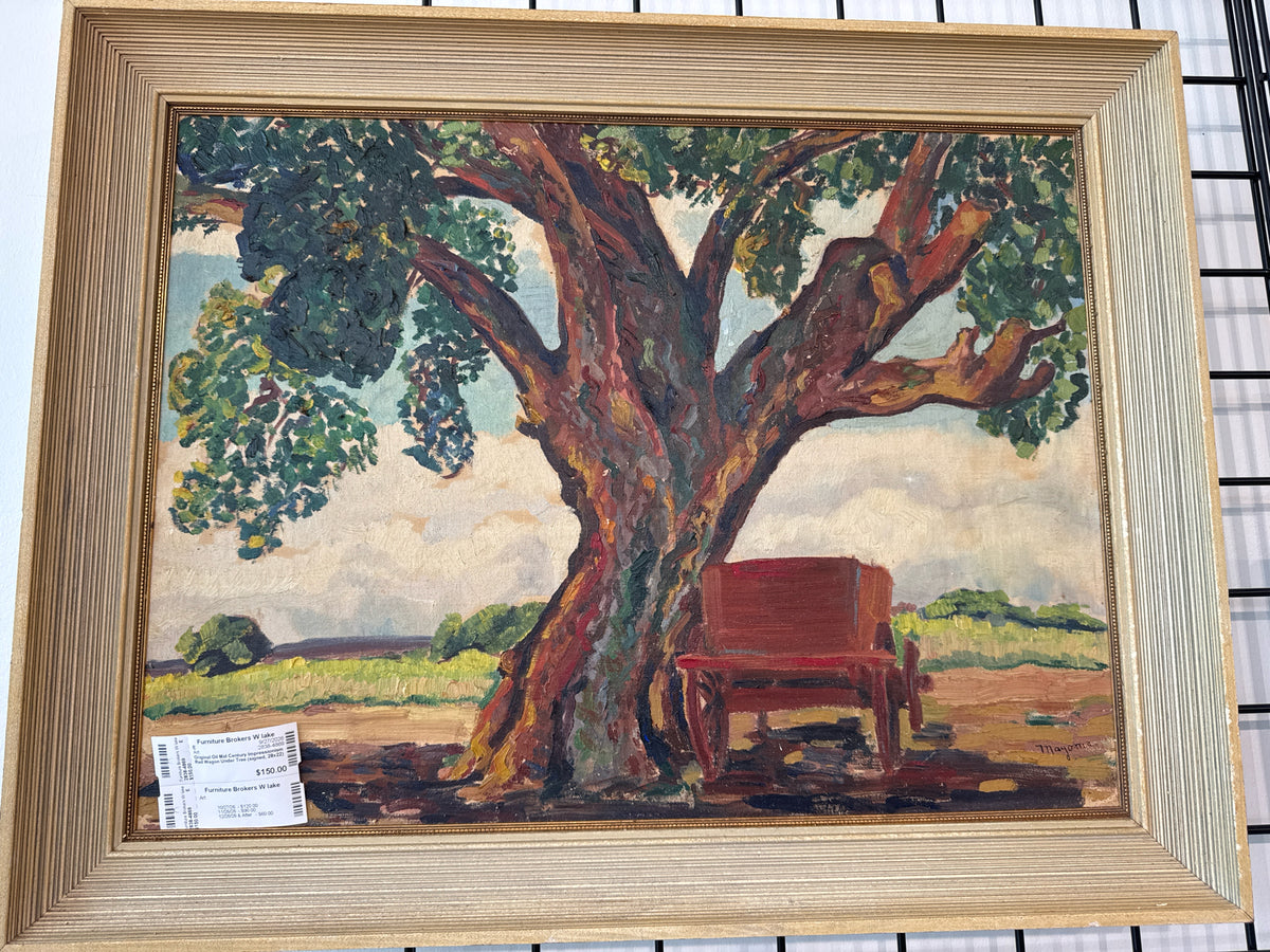 Original Oil Mid Century Impressionism Red Wagon Under Tree (signed, 28x22)