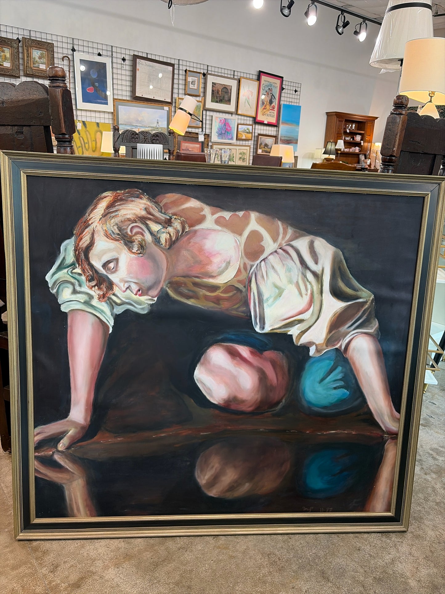 Original Oil-Study of Caravaggio’s “Narcissus” in Black/Gold Frame (43.5 x 40)