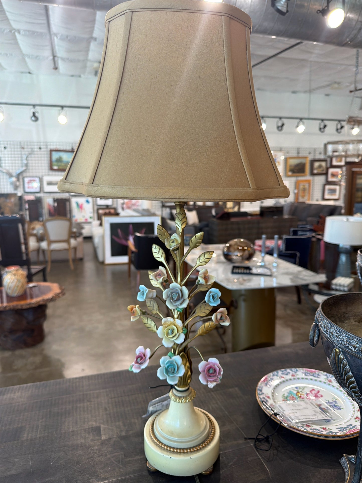Vintage Porcelain Flower Lamp w/ Silk Shade