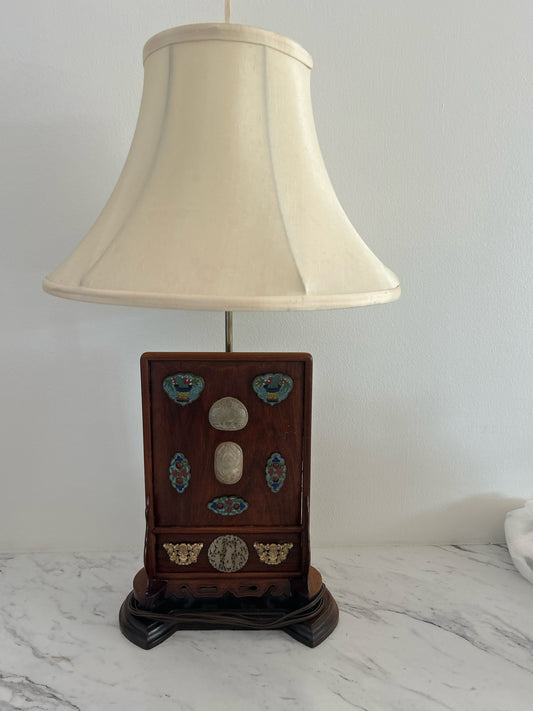 Antique Asian Wood Lamp w/ Cloisonne & Carved Jade Medallions